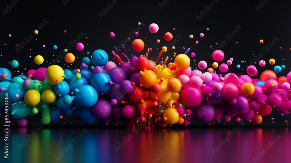 Poster vibrant explosion of colorful spheres against dark background, creating a dynamic and energetic abst
