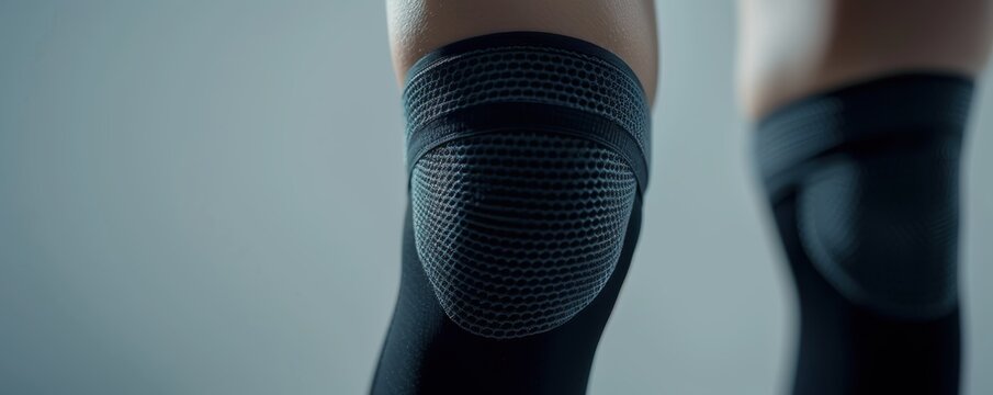Close-up image of a person wearing black compression knee sleeves, providing support and protection during physical activities and sports.