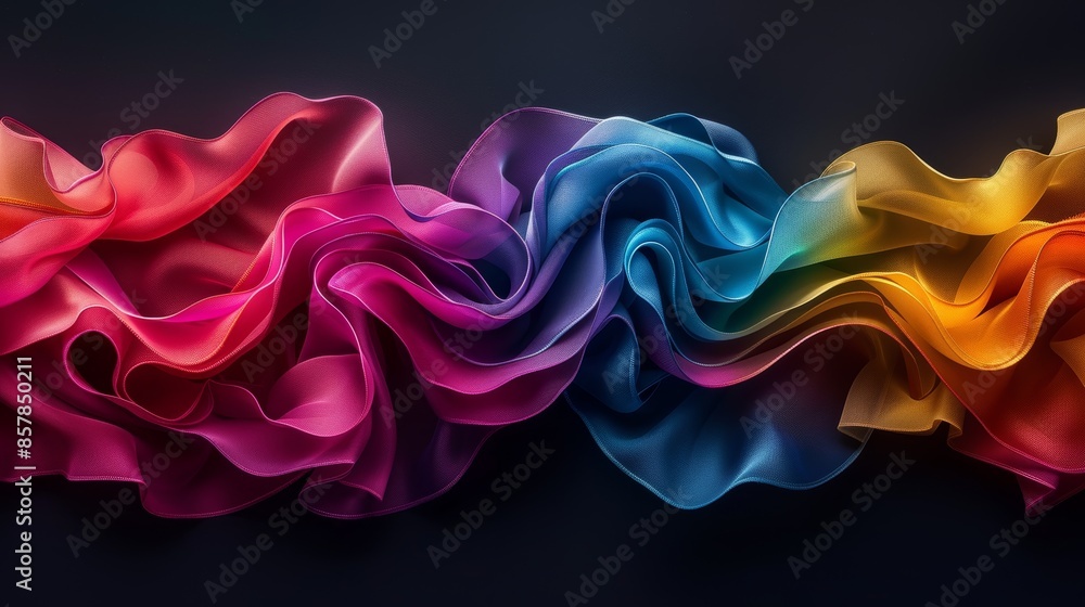 Poster vibrant silk fabric waves in a spectrum of colors on a dark background, creating a stunning and dyna