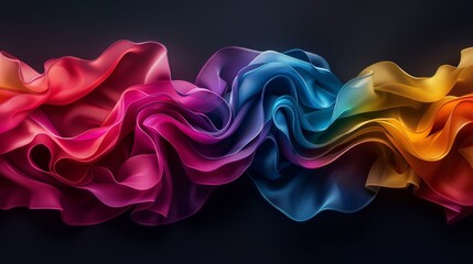 Obraz premium Vibrant silk fabric waves in a spectrum of colors on a dark background, creating a stunning and dynamic visual effect.