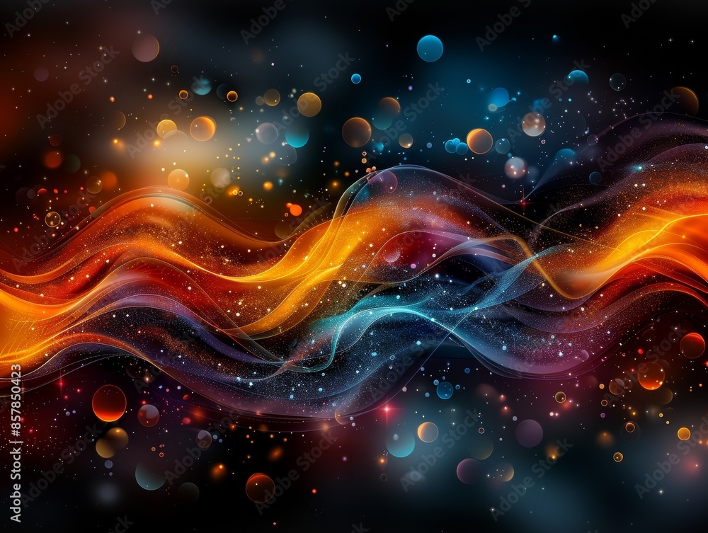 Poster vivid abstract artwork with colorful waves and glowing particles set against a dark background, crea