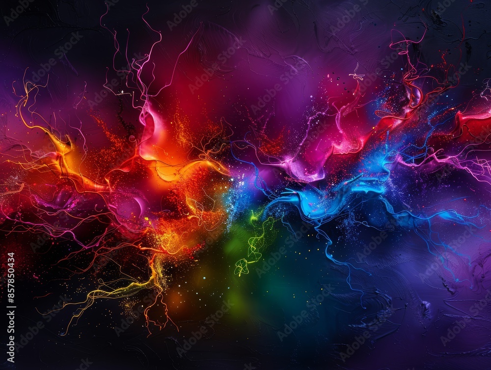 Poster vivid abstract art with vibrant colors and dynamic lightning-like patterns against a dark background