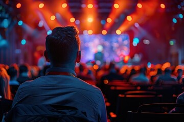 Fototapeta premium corporate event with people listening to speaker on stage. ai generative