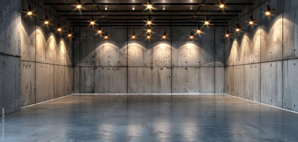 Aufkleber The empty concrete room with ceiling lights serves as an interior background, offering a clean and versatile space for showcasing different design elements and concepts.