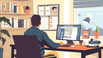 Virtual Meeting from Home: During a virtual meeting, a work-from-home professional connects with colleagues via video conference, discussing projects and sharing ideas from the comfort of their home