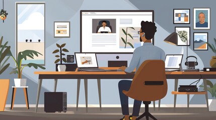 Virtual Meeting from Home: During a virtual meeting, a work-from-home professional connects with colleagues via video conference, discussing projects and sharing ideas from the comfort of their home
