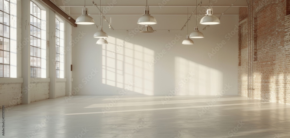 Poster an empty room with a brick wall and large window showcases the loft interior design style, ideal for