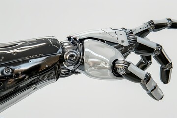 Futuristic robotic hand reaching out, showcasing advanced technology and artificial intelligence. Elegant sleek design with metallic finish. Ideal for tech presentations and futuristic concepts