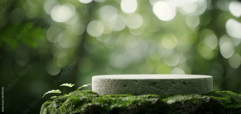 Poster an empty stone podium is depicted in a close-up shot, placed on moss-covered rocks in a forest, with