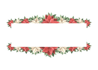 Poinsettia red and white flowers. Christmas star, traditional plants. Hand drawn watercolor illustration Isolated. Vintage template with copy space New Year design for card, invitation, print, frame