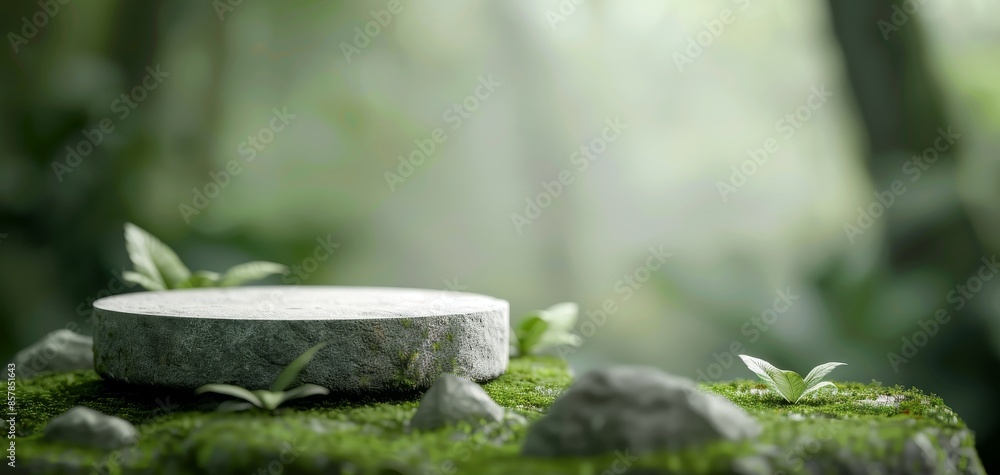 Poster This image captures a close-up of an empty stone podium on moss-covered rocks in a forest, with lush greenery and misty trees, ideal for nature-themed presentations and designs.