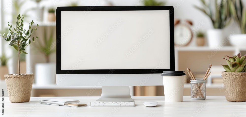 Poster this image features a blank white computer monitor on a table, with an office interior background, c