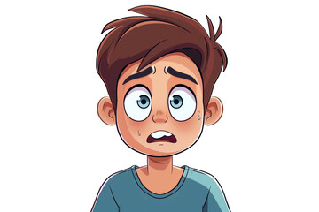 Obraz premium Illustration of a cartoon boy with a shocked expression. The boy has brown hair and blue eyes, wearing a blue shirt against a white background. isolated white background, transparent background, PNG