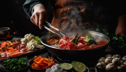 Obraz premium A person cooking a delicious hotpot on a dark background.