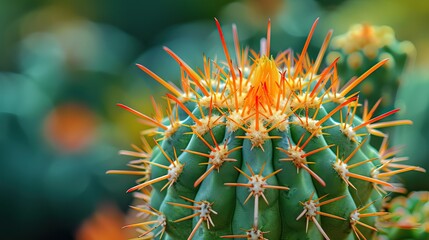 Close-Up of a Vibrant Cactus with Bright Orange Spines in Natural Light