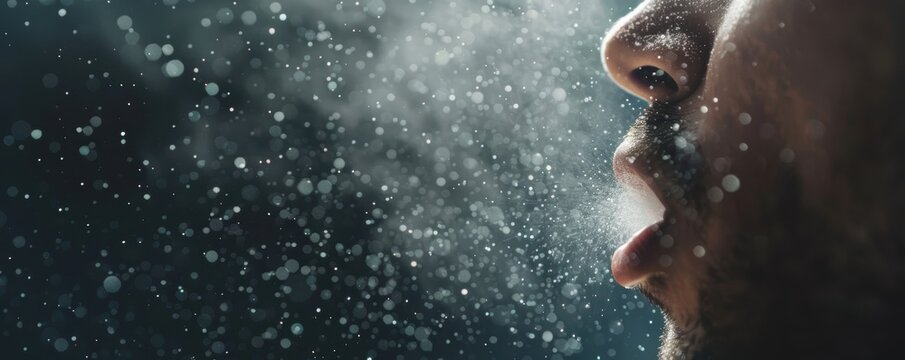 Close-up of a person exhaling misty breath on a cold day, with water droplets visible in the air.