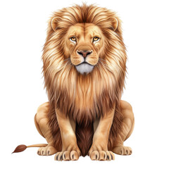 Obraz premium Majestic lion with a lush mane sitting regally, symbolizing strength and royalty in the animal kingdom, isolated on a white background. isolated white background, transparent background, PNG