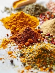 Close-up of turmeric, coriander, and paprika scattered on a white surface. The vibrant colors and textures create a visually appealing scene. Generative AI
