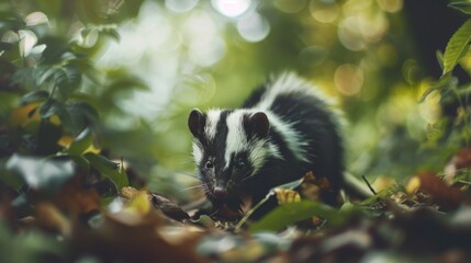 Close-up of a skunk walking through a vibrant forest floor, surrounded by leaves and greenery. Natural wildlife setting.