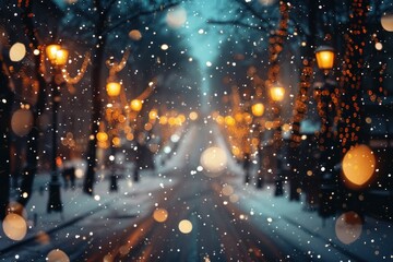 blurred street of festive night or evening city with snowfall and Christmas lights. ai generative