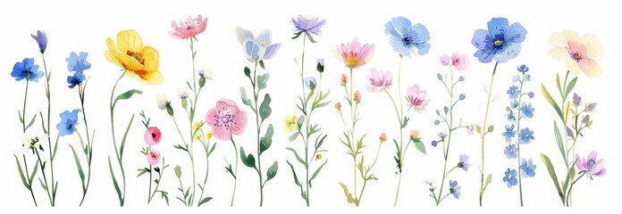 The wildflowers, leaves, and grass of a watercolor set.
