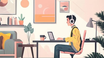 Fototapeta premium Work-from-Home Setup: At home, a remote worker sets up their workspace with a laptop, ergonomic chair, and noise-canceling headphones, creating a comfortable environment for productivity 
