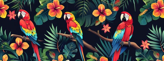 Obraz premium Tropical leaves and exotic birds in a bright collage. Abstract background of nature.