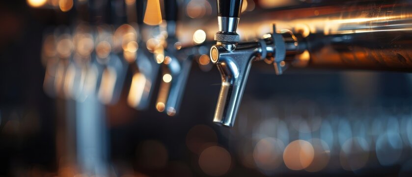 Close-up of beer taps in a bar, ready for serving draft beer. The blurred background creates a warm, inviting ambiance ideal for socializing.