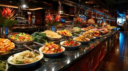 Fototapeta premium Lavish Buffet Spread at a Casino s Dining Hall Offering an Abundance of Delectable Dishes for Guests to Indulge in a Variety of Culinary Delights and Satisfy their Appetites during a Celebratory