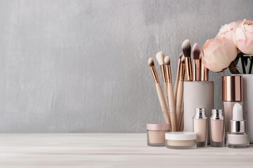A table with a variety of makeup products and a vase of flowers. The table is set up for a photoshoot or a makeup tutorial