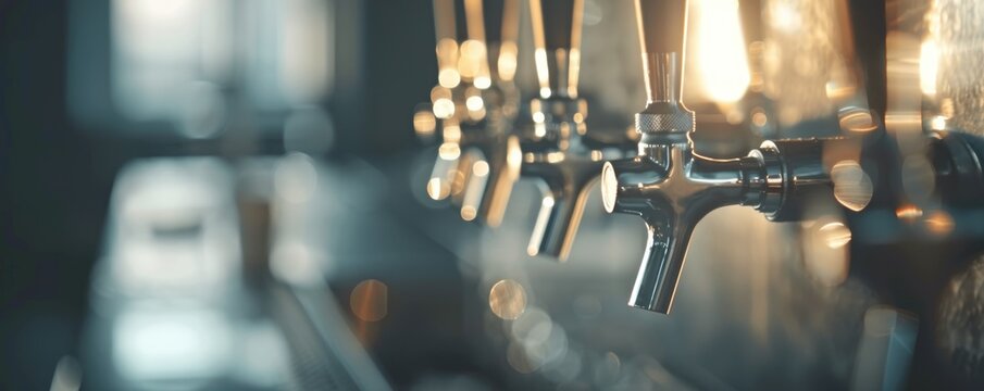 Close-up of beer taps in a brewery with warm lighting, showcasing a row of metal taps ready for pouring drinks in a bar setting.