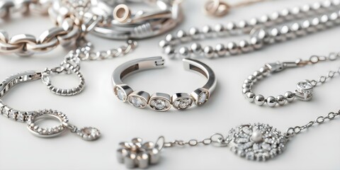 Obraz premium Showcasing a Variety of Jewelry Styles on a White Surface. Concept Jewelry photography, White background, Diverse styles, Accessories showcase
