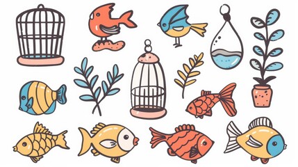 Obraz premium Set of toys, food, kennels, bird cages, leashes, scratching posts, doodles for pets, including aquariums, ball, bones, and scratching posts.