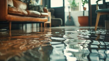 flood in an apartment or house, flooded household items and furniture. accident flooding in the apartment