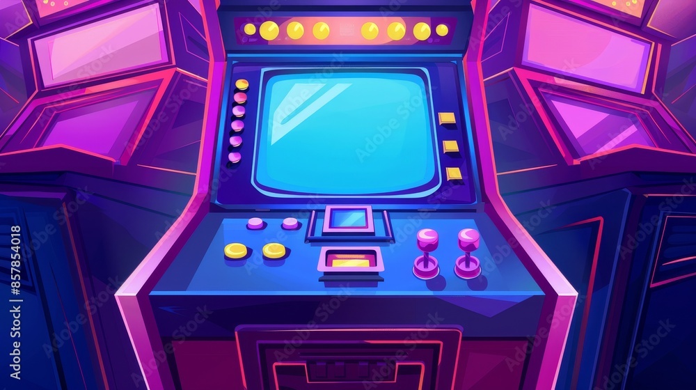 Poster vintage 1980s computer console poster with joystick button template. isolated graphic illustration o