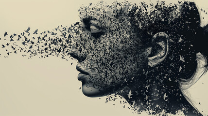Flying birds form the image of a woman's head.  Thoughts, mental health, emotions or psychology concept.