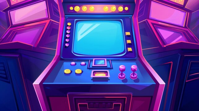Vintage 1980s computer console poster with joystick button template. Isolated graphic illustration of retro arcade video game screen machine.