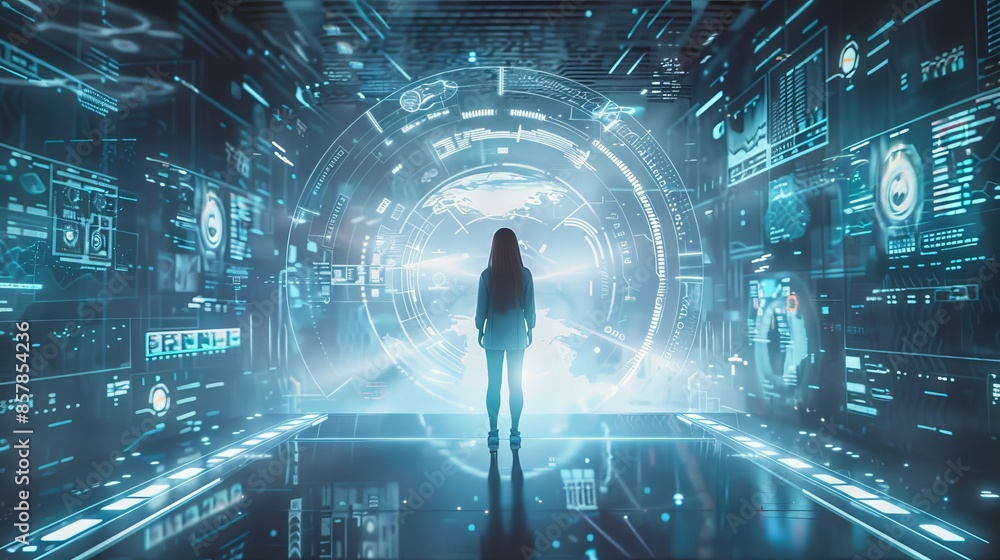Poster model in a tech hub with floating digital screens that resembles a command center