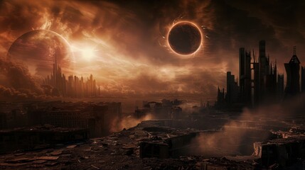 Over a devastated cityscape, a large celestial body looms
