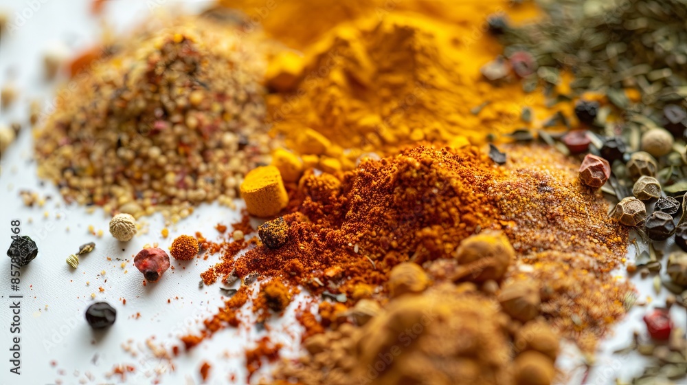 Poster close-up image of vibrant turmeric, coriander, and paprika spices spread out on white surface, creat