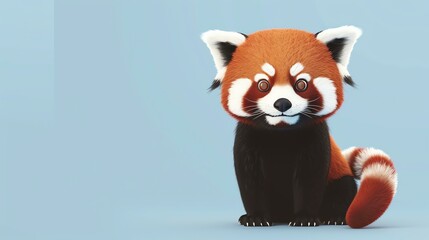 A cute red panda is sitting on a blue background. The panda has big, round eyes and a long, fluffy...