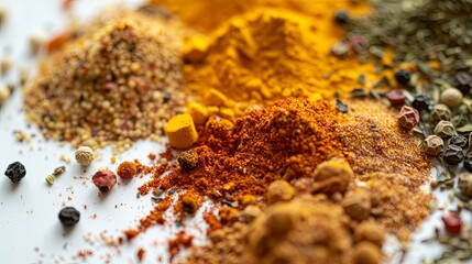 Close-up image of vibrant turmeric, coriander, and paprika spices spread out on white surface, creating visually appealing display. Generative AI
