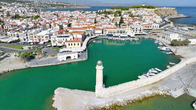 Aerial view by drone of Rethymno old town, Venetian Harbour and fortress, Crete Island, Greek Islands, Greece, Europe