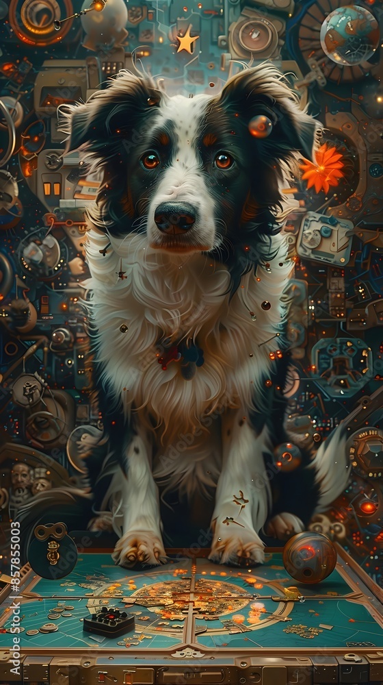 Poster Brilliant Border Collie Solves Captivating Surreal Puzzle in Dreamlike Digital Painting