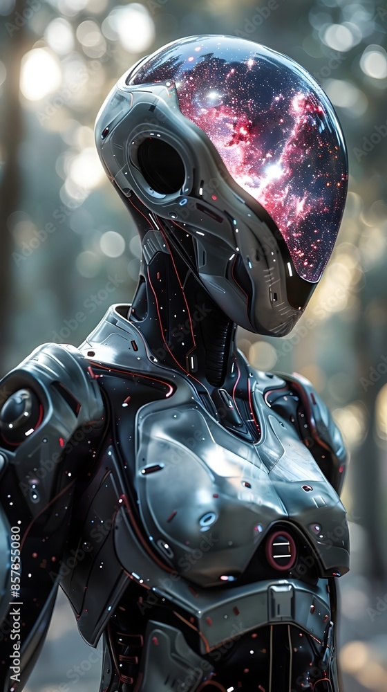 Sticker captivating galactic humanoid alien in sleek futuristic armor,a vision of technological prowess