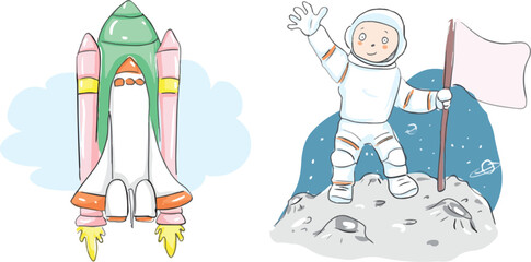 Rocket. Astronaut boy walking on the moon.