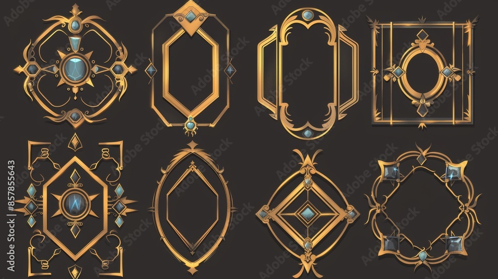 Poster this is a modern cartoon set of empty square banners with fancy golden borders and purple gems for a