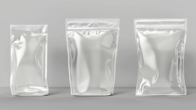 Isolated plastic ziplock bags and empty zip pouches on transparent background. Waterproof disposable polythene packages mockup, modern illustration, clip art.