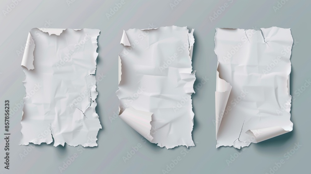 Poster torn notebook pages with square grid and striped pattern. ripped paper scraps with square grid, mode