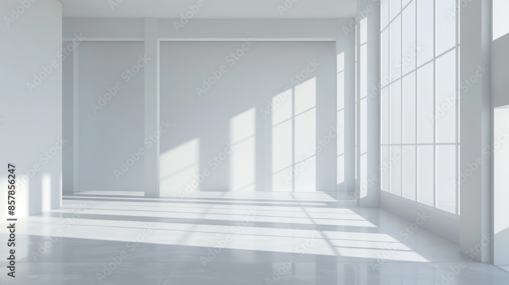 Poster this modern realistic illustration in perspective view shows an empty room with big windows. the int